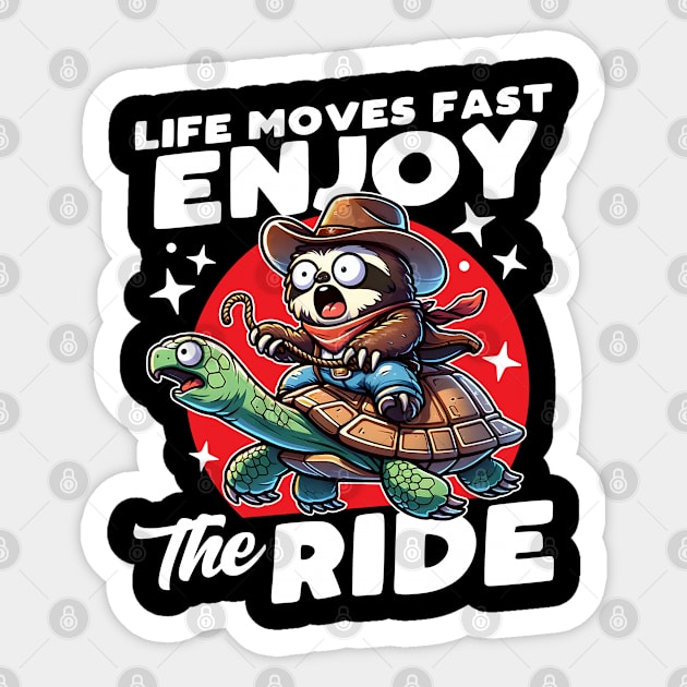 Cowboy Sloth Riding a Turtle Enjoy the Ride Sticker by DetourShirts